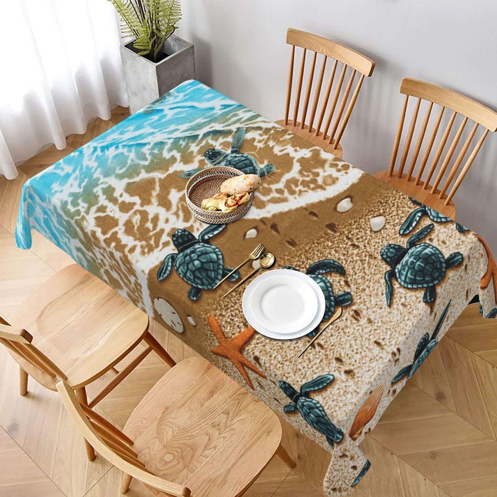BNVSADC turtles on the beach Printed Rectangle Tablecloth 228x152 CM, Water Resistant Polyester Table Cloth Decorative Fabric Table Covers for Kitchen Dining Table Parties Camping