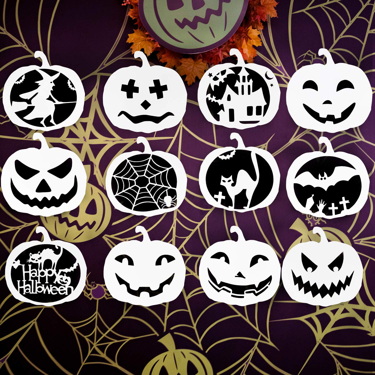 12pz Stencil per Disegno Halloween Zucca Plastiche Riutilizzabili per Intaglio Zucche Modelli Pittura Halloween Tessuti Mobili Vetro e Arte Murale (Stile 1