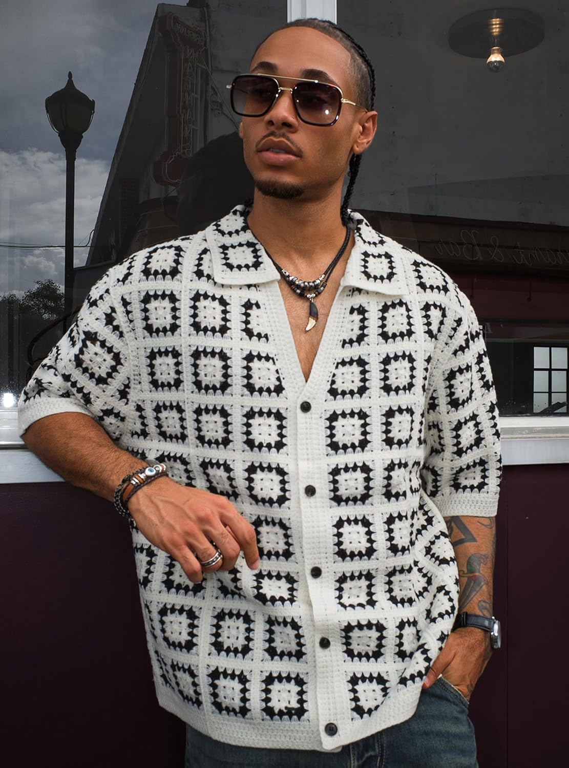 Mens Grunge Y2K Crochet Button Down Shirt Lightweight Streetwear Mesh Fashion Short Sleeve Concert Festival - Image 2