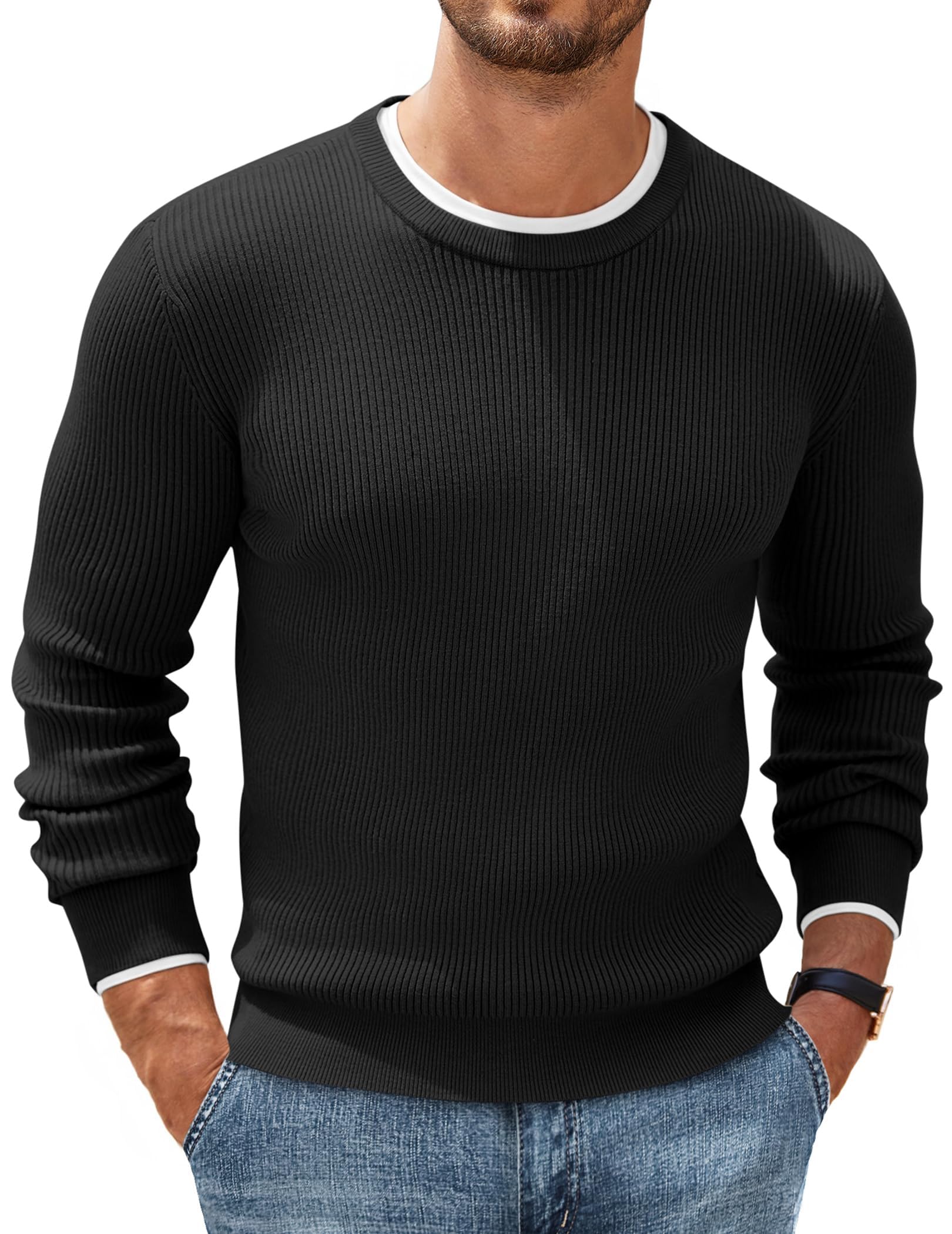 COOFANDY Herren Rundhals Pullover Basic Strickpullover Feinstrick Business Pullover Männer Ribbed Sweater Pulli Winterpullover