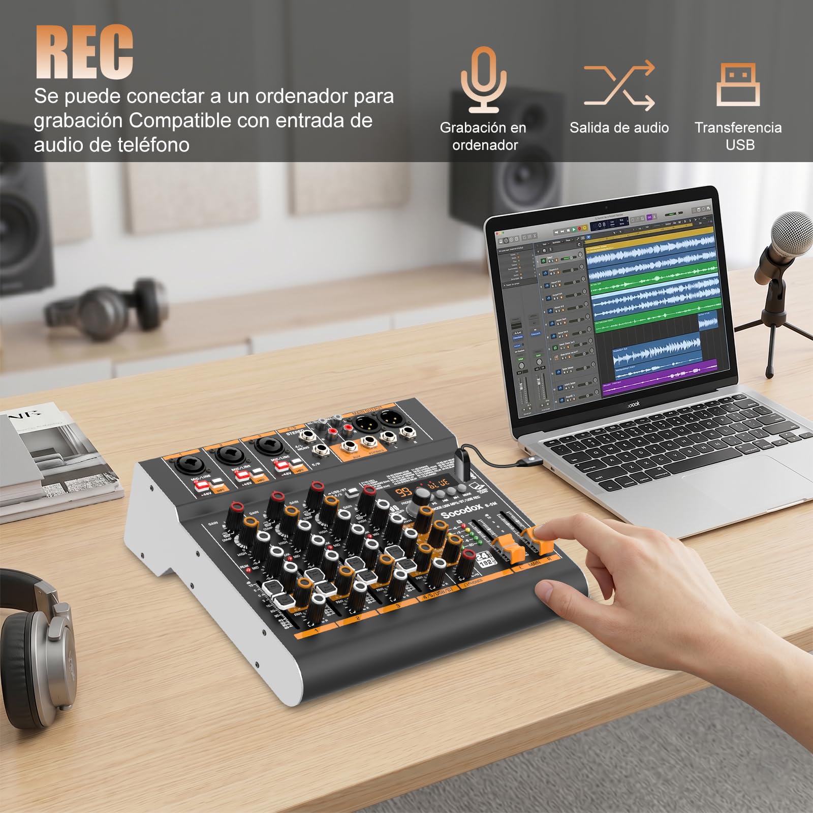 Mezcladora de audio de 5 canales con Bluetooth y 99 efectos DSP | Alimentación fantasma 48V, EQ de 3 bandas, grabación por USB, bajo ruido, control de ganancia para podcast, iglesia, karaoke