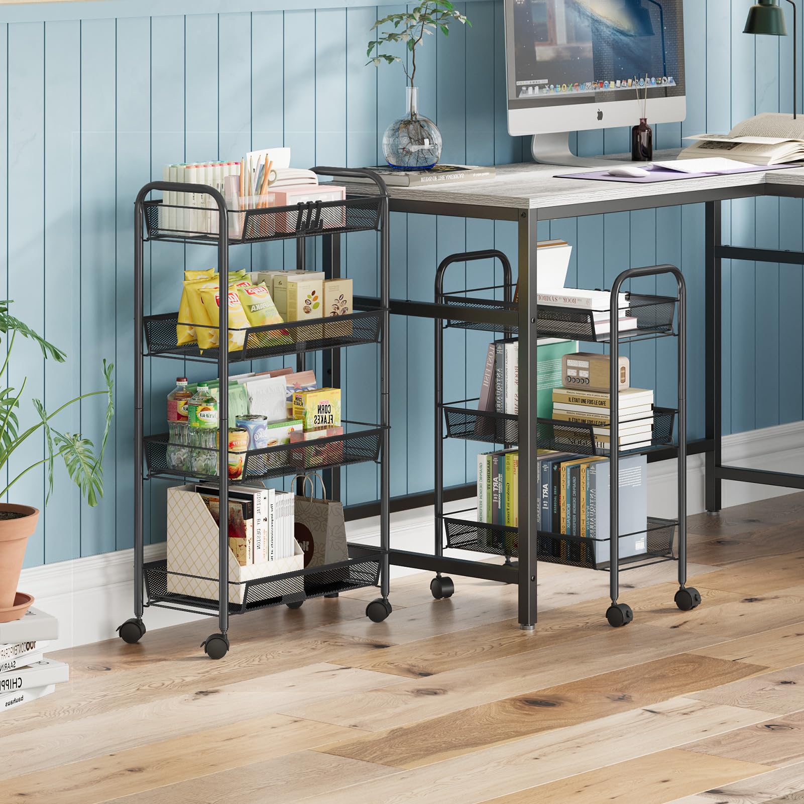 WELDUN Carrello Portaoggetti A 4 Livelli, Carrello A Rete, Carrello Portaoggetti Mobile Per Camera Da Letto, Cucina, Bagno, Soggiorno, Metallo, Nero