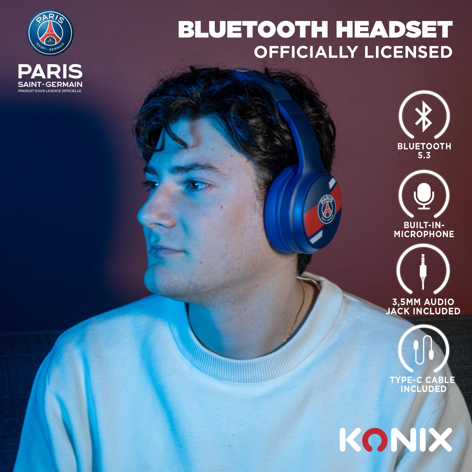 Konix PSG Casque Audio sans Fil Bluetooth 5.3 PC, Smartphones, tablettes - Microphone - Autonomie 25 h - Câble Jack 3,5 mm - Bleu