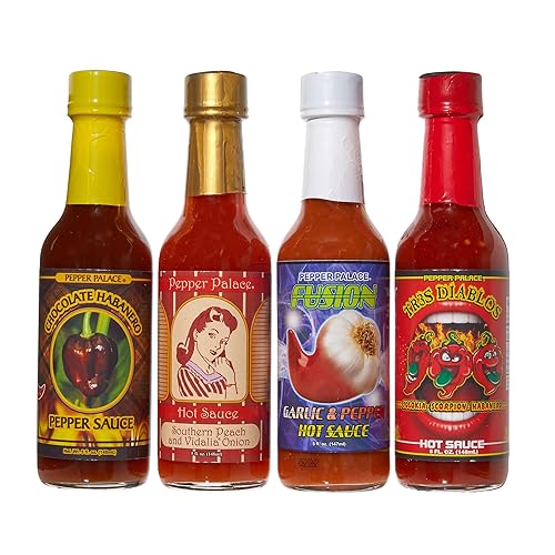 Pepper Palace Kit variado de salsa picante salvaje a suave Diablos Tr3s, fusión de ajo, salsa picante de melocotón sureño y cebolla Vidalia y salsas