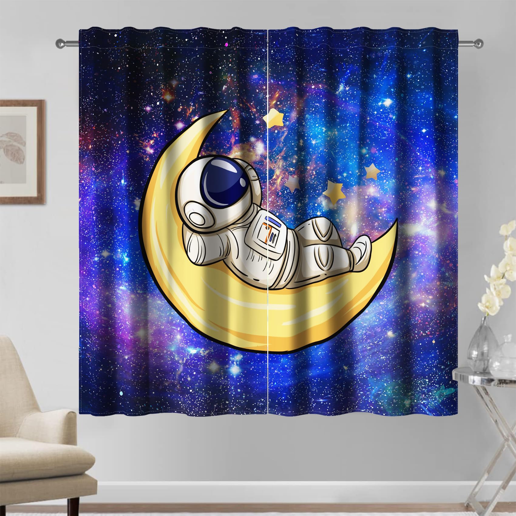 Kzzfqxb Cortinas Infantiles 117x138cm 2 Paneles, Universo Galaxia Astronauta Dormir en la Luna, con Dibujos Animados de ensueño para Dormitorio Infantil Sala de Estar y guardería