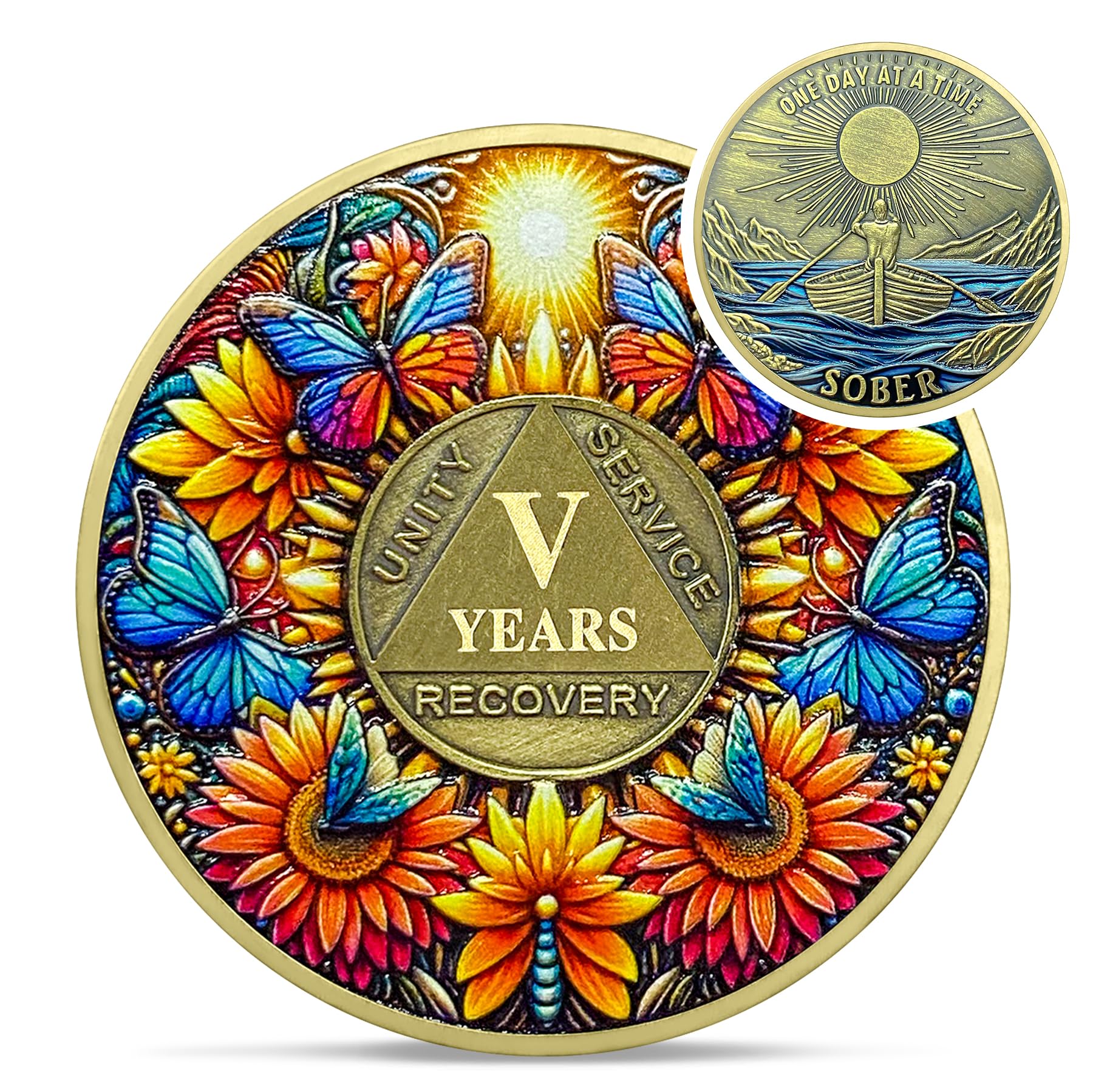 Delicate Sunflower 5 Year Sobriety Coin - Five Year Recovery Butterfly AA Coins - One Day at A Time NA HA AA Chips and Medallions - 1-20 Years Living Clean Alcoholics Anonymous Gifts for Men Women โ image 1