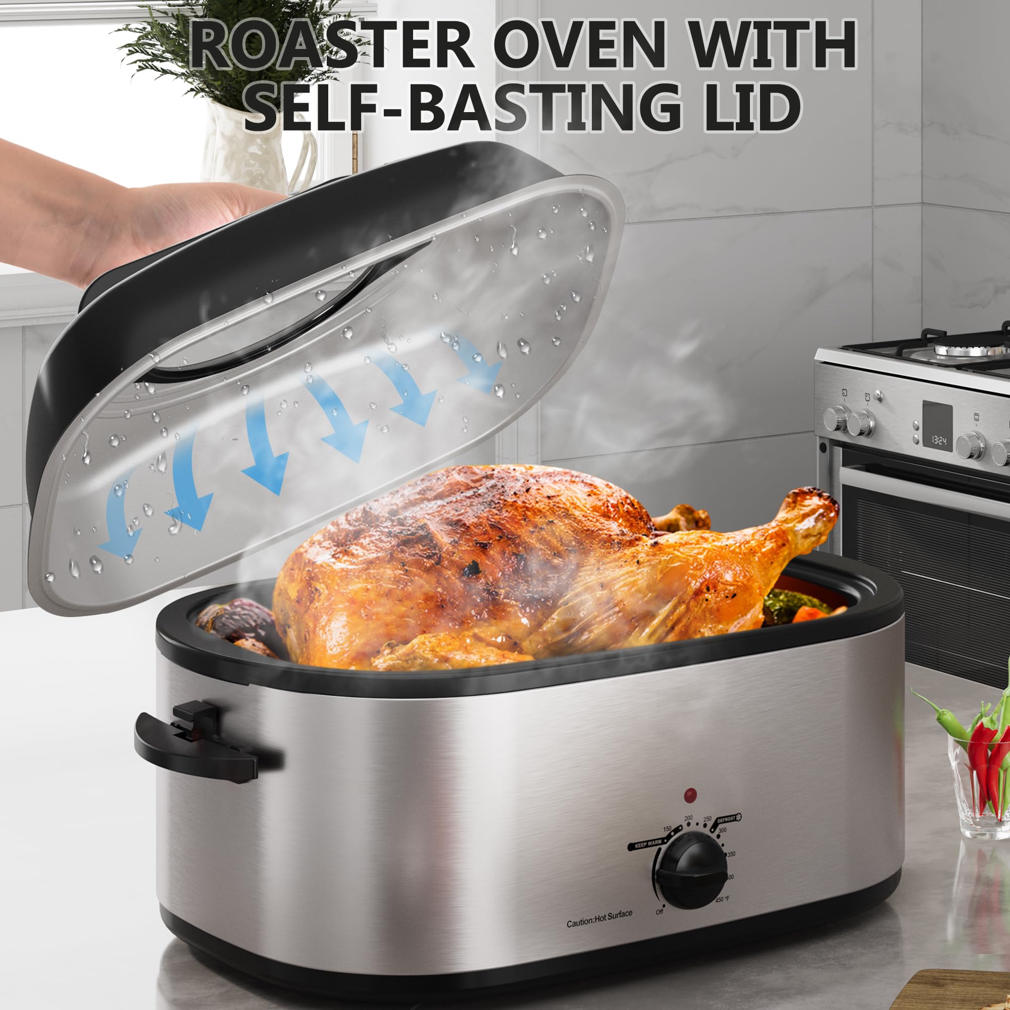 Roaster Oven 28 Quart, Electric Turkey Roaster with Self-Basting Lid, Removable Pan & Rack, Variable Temp Control, Stainless Steel Silver