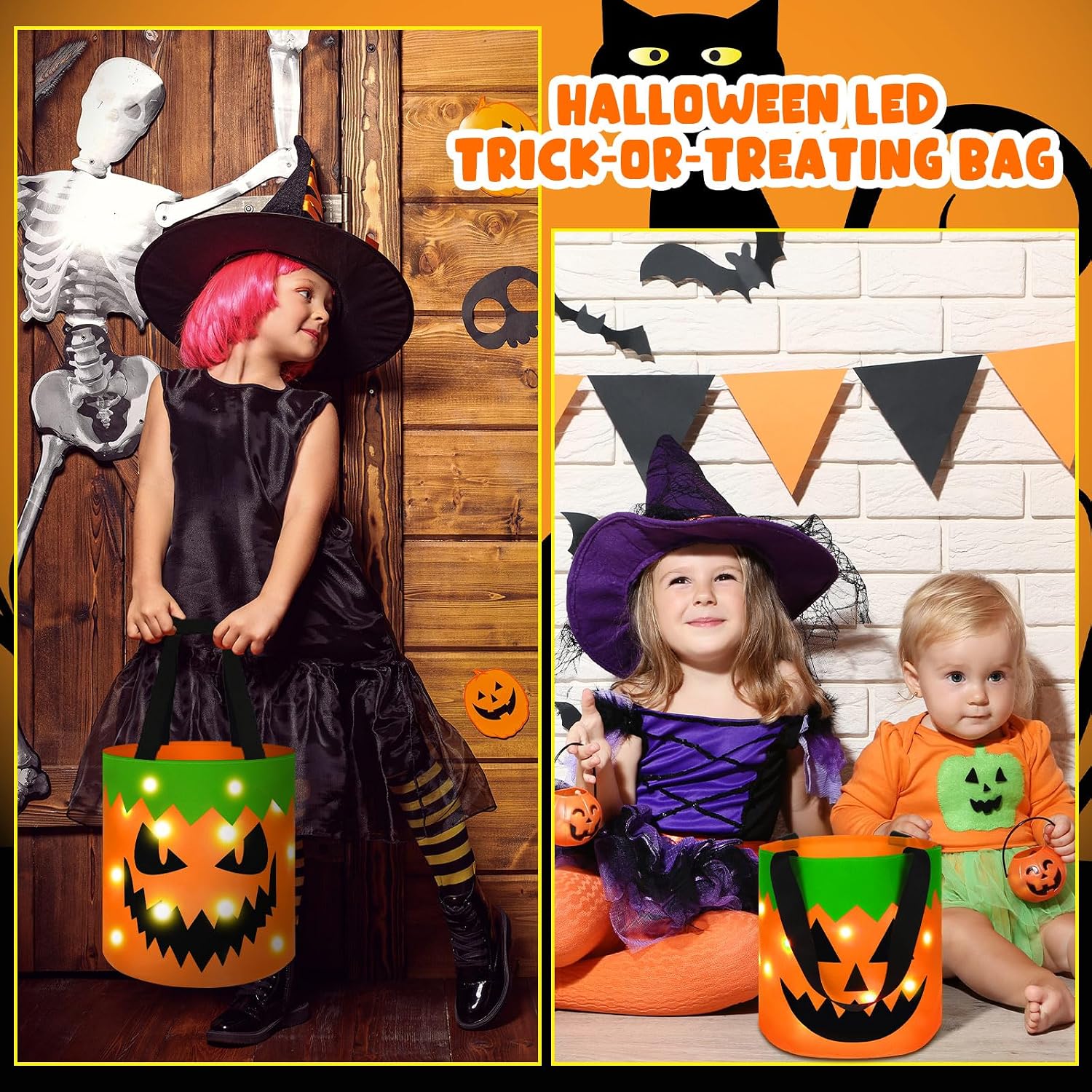 Dansydaisy 3 Pcs Halloween LED Trick or Treat Buckets Glow in The Dark Candy Bags Multipurpose Reusable Light up Goodie Buckets for Kids Halloween Party Supplies(Orange,Classic Style)