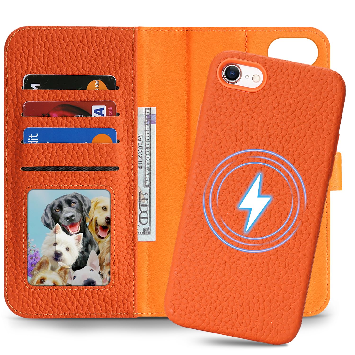 Detachable Genuine Leather Case for iPhone SE 2020/ SE 2022/7/8 Wallet Case Magnetic 2in1 Removable Flip Cover Book Purse Compatible with Magsafe Charging Kickstand Card Holder-Orange