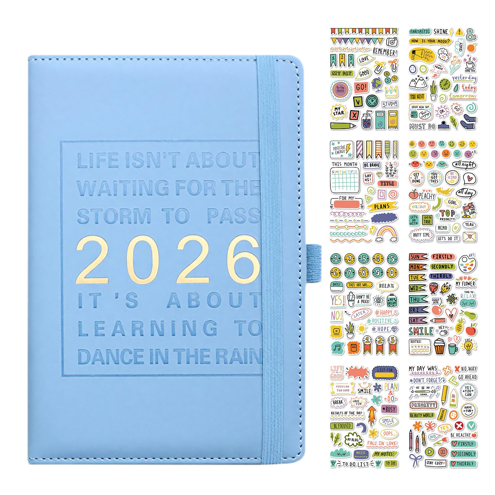 Winsegom 2026 Diary Notebook, Full Year Daily Planner, Blue 2026 Diary A5 Day, Yearly Notebook with 8 Sheets of Stickers Colorful Tabs Ribbon Bookmark for Home Office School Work