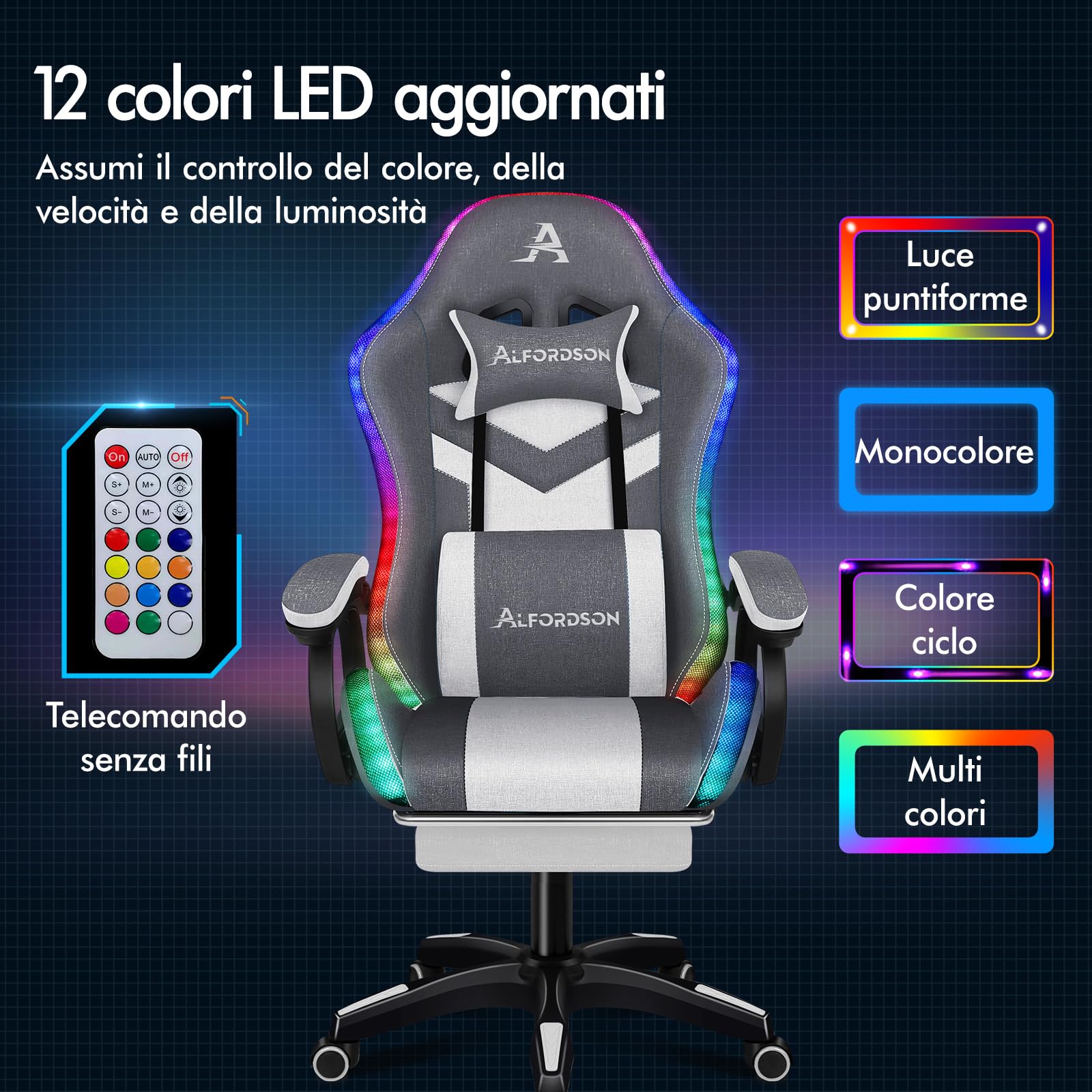 ALFORDSON Sedia da Gaming con LED, Sedia Gamer con Massaggio a 8 Punti, Sedia da gioco ergonomica con Illuminazione RGB con Supporto Lombare e Poggiatesta, Materiale in tessuto, Giunzione Grigia