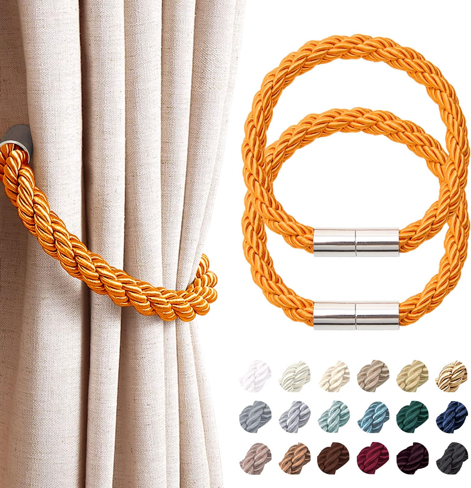 NICEEC 2 Pack Strong Magnetic Curtain Tiebacks Modern Simple Style Drape Tie Backs Convenient Decorative Weave Rope Curtain Holdbacks for Thin or Thick Home & Office Window Draperies (Orange)