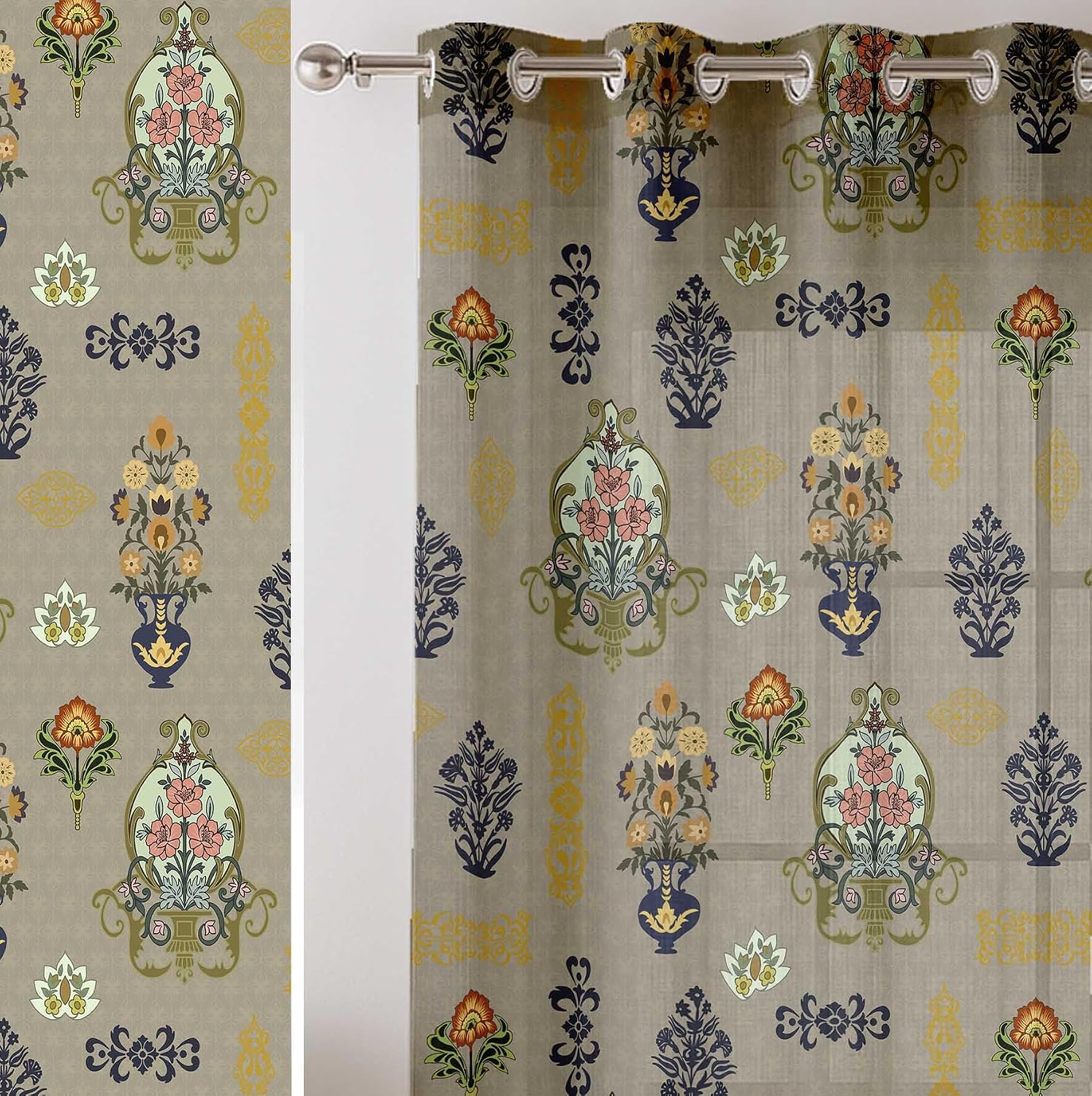 Aztec Motif Design Sheer Curtains for Short Windows - Set of 2 Panels, 63", Grommet Top, Printed Georgette, Light Filtering Drapes for Kitchen or Bedroom