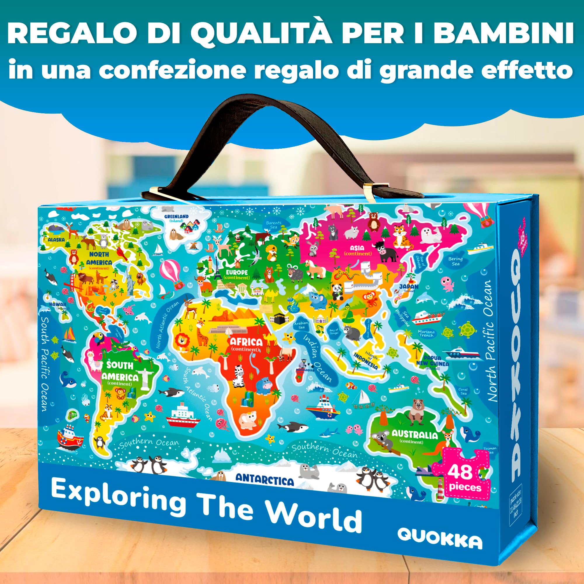 QUOKKA Grande Puzzle Bambini 3 4 5 Anni - 60x90 cm 48 Pezzi Puzzle Mappamondo Bambini 5 6 Anni - Gigante da Pavimento Giocattolo con Mappa del Mondo - Regalo Educativo per Ragazzi e Ragazze dai 2 ai 6