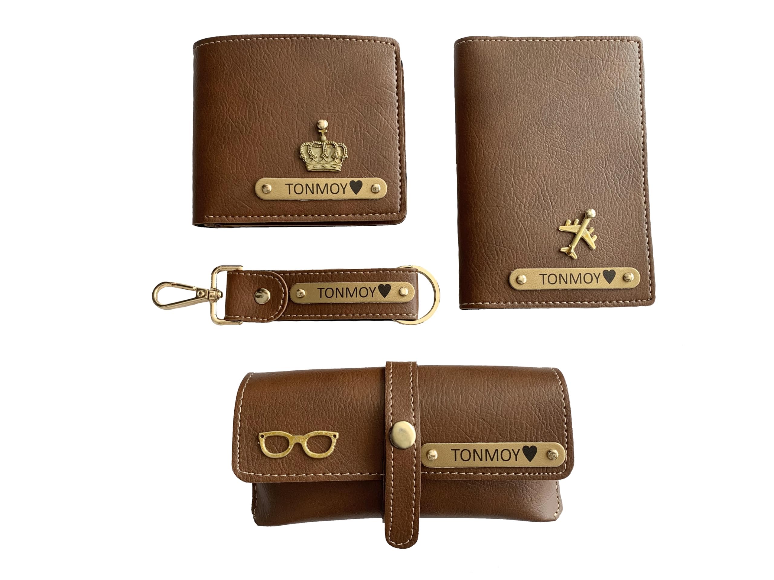 modefe Personalized All-in-One Men's Combo Gift, 4 Pieces Set Black Color Customized Wallet, Key Chain, Spec Cover, and Passport Cover with Name and Charm (Tan)-picture-17