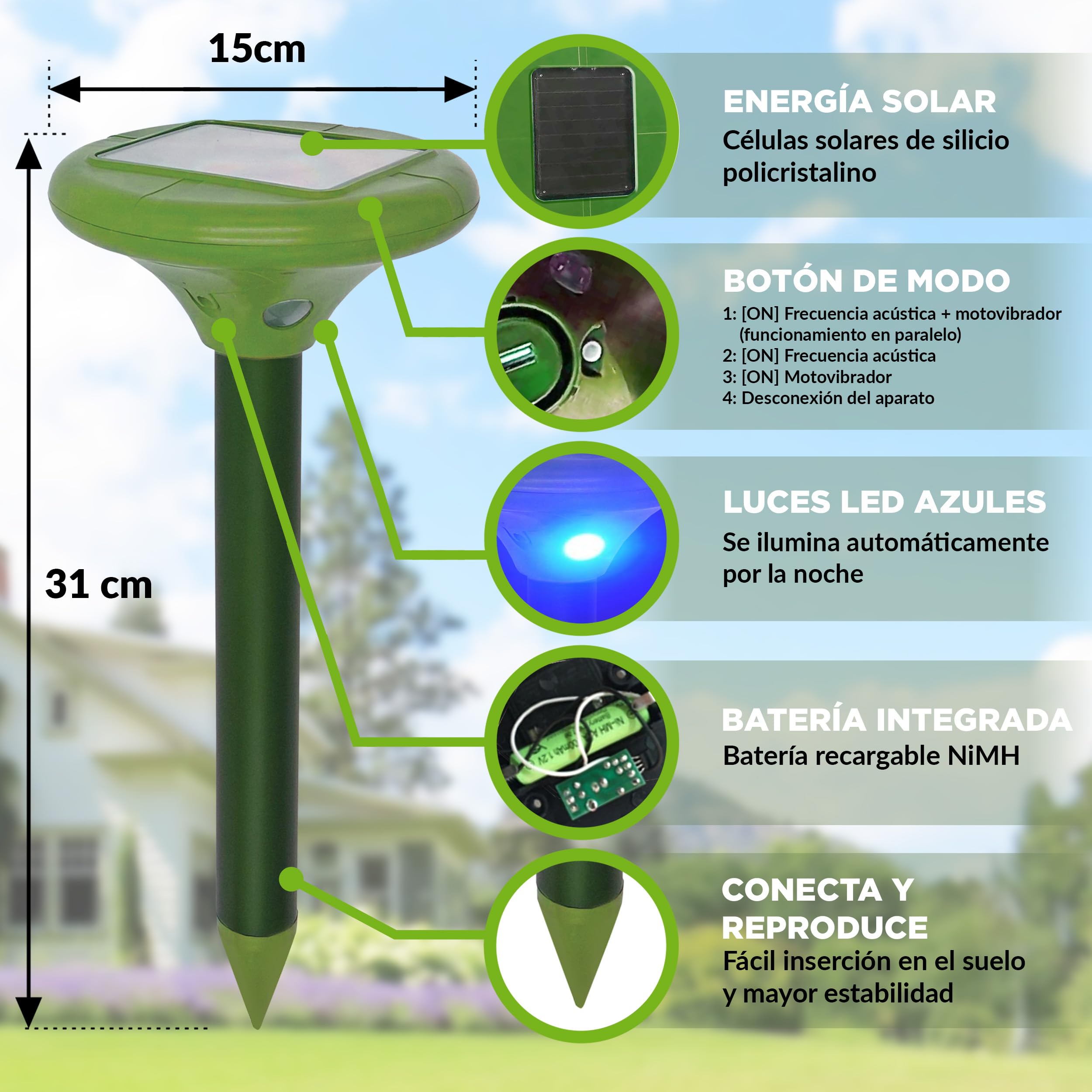ISOTRONIC Repelente para Topos, topillos y Serpientes: Repelente Solar con estaca para jardín con Alcance Efectivo de 1250 m² (3 Unidades).