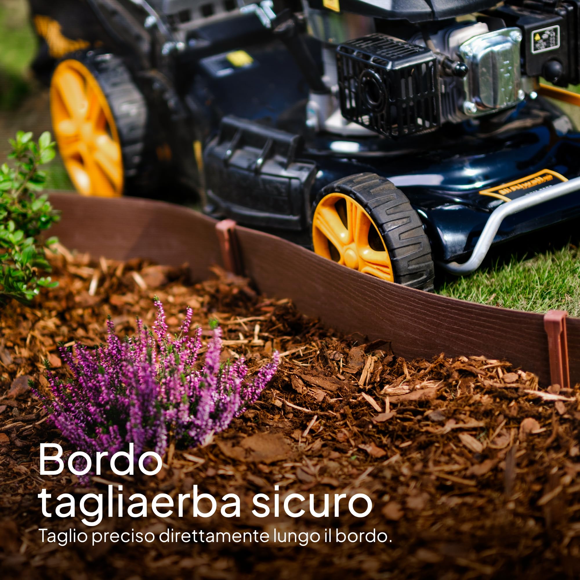 UNIGARDIA Bordura per Aiuola 20 m - Altezza 13 cm, Spessore 3 mm - Bordatura per Giardino in Plastica - Cordolo Flessibile per Aiuole - Uso Semplice, Marrone con Decori in Legno