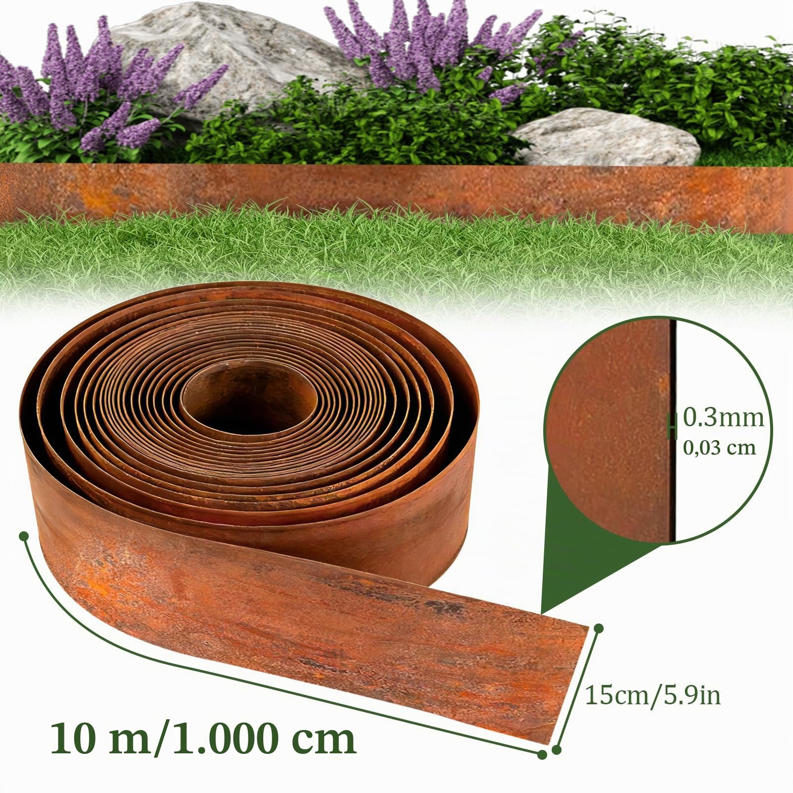 Bordura per Aiuola in Acciaio Corten 10 M, Bordura Corten per Giardino, Altezza 15 cm, Recinzione per Aiuole con Aspetto Ruggine per Aiuole, Allee, Alberi e Ghiaie, 1 Paio di Guanti Inclusi