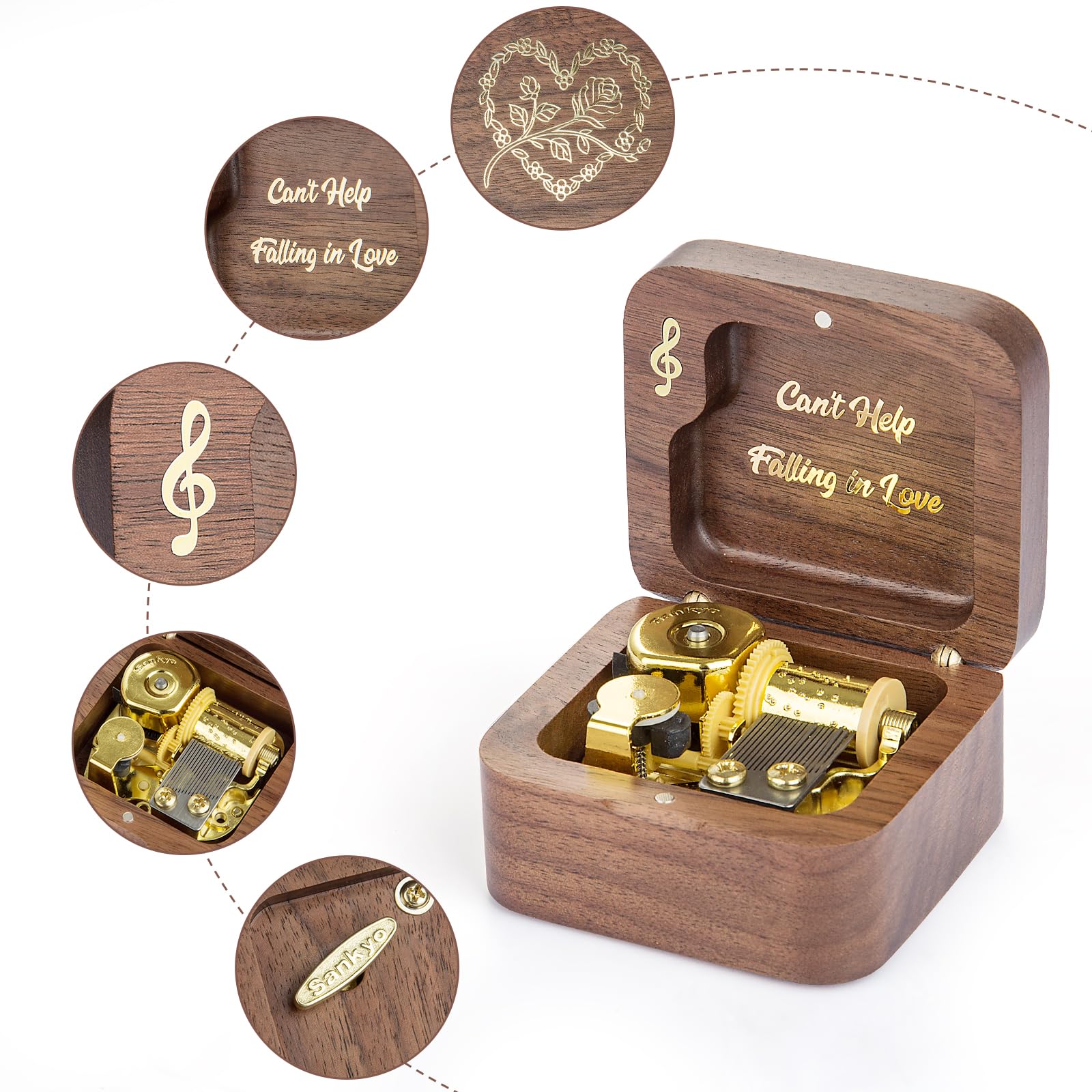Cant Help Falling in Love - Caja de música de madera vintage, regalo para cumpleaños, Navidad, día de San Valentín, aniversario (nogal)