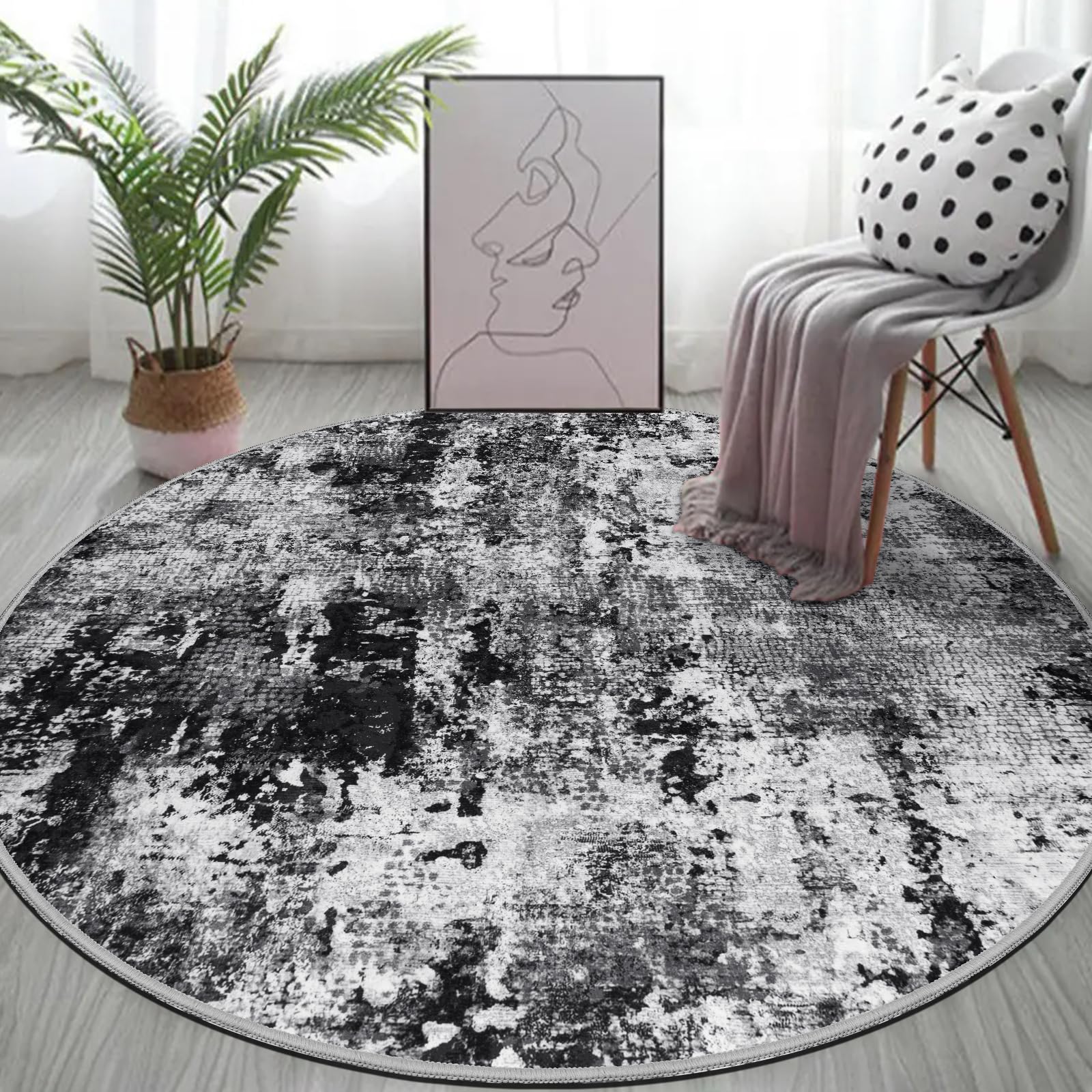 Capslpad Abstrakt Teppich Rund 135cm Moderner rutschfest Teppiche Wohnzimmer Runder Hochflor Waschbar Rund Teppiche Kurzflor Weich Runder Teppich Schwarz for Wohnzimmer Schlafzimmer Studie Heimbüro