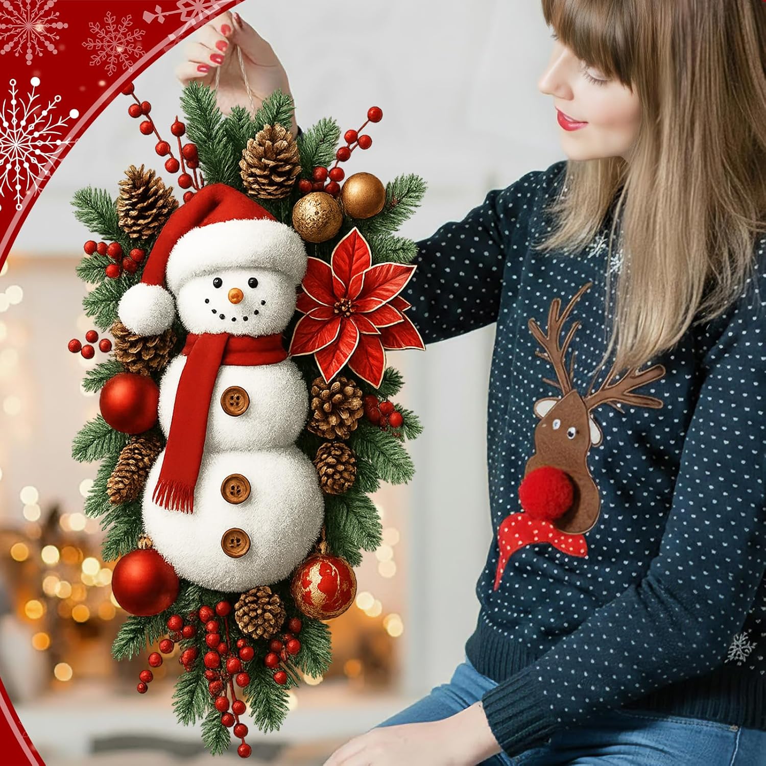 Suncalla 20" Christmas Teardrop Swags Snowman Wreaths Decorations with Poinsettia Red Berries Pinecone Ball Ornaments Artificial Pine Needles for Winter Front Door Indoor Outdoor Window Decor