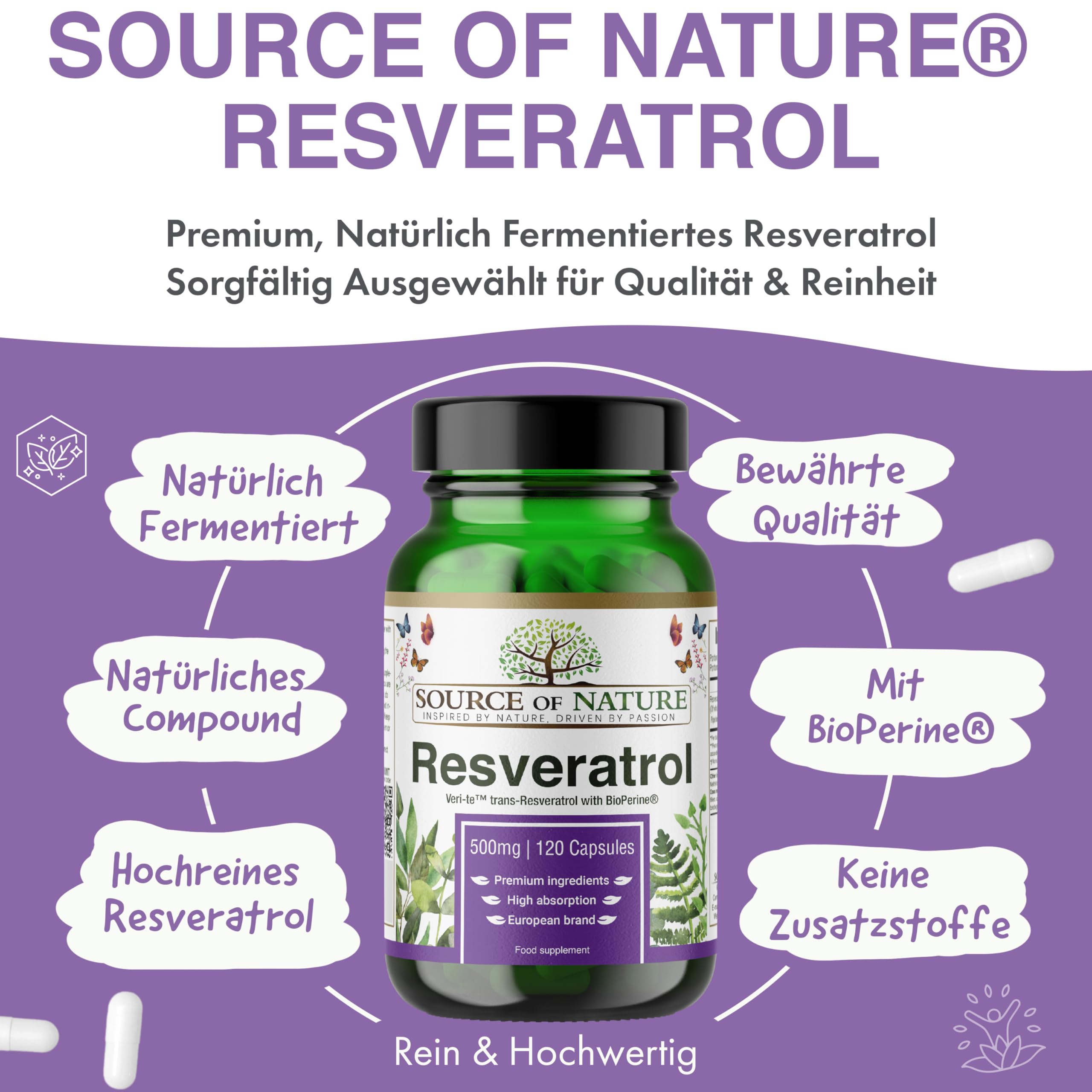 Trans-Resveratrol 500 mg | 120 vegane Kapseln | Hochdosiert | 98 % Reinheit | Natürlich fermentiert | Mit Piperin | Laborgeprüft | Premium-Qualität