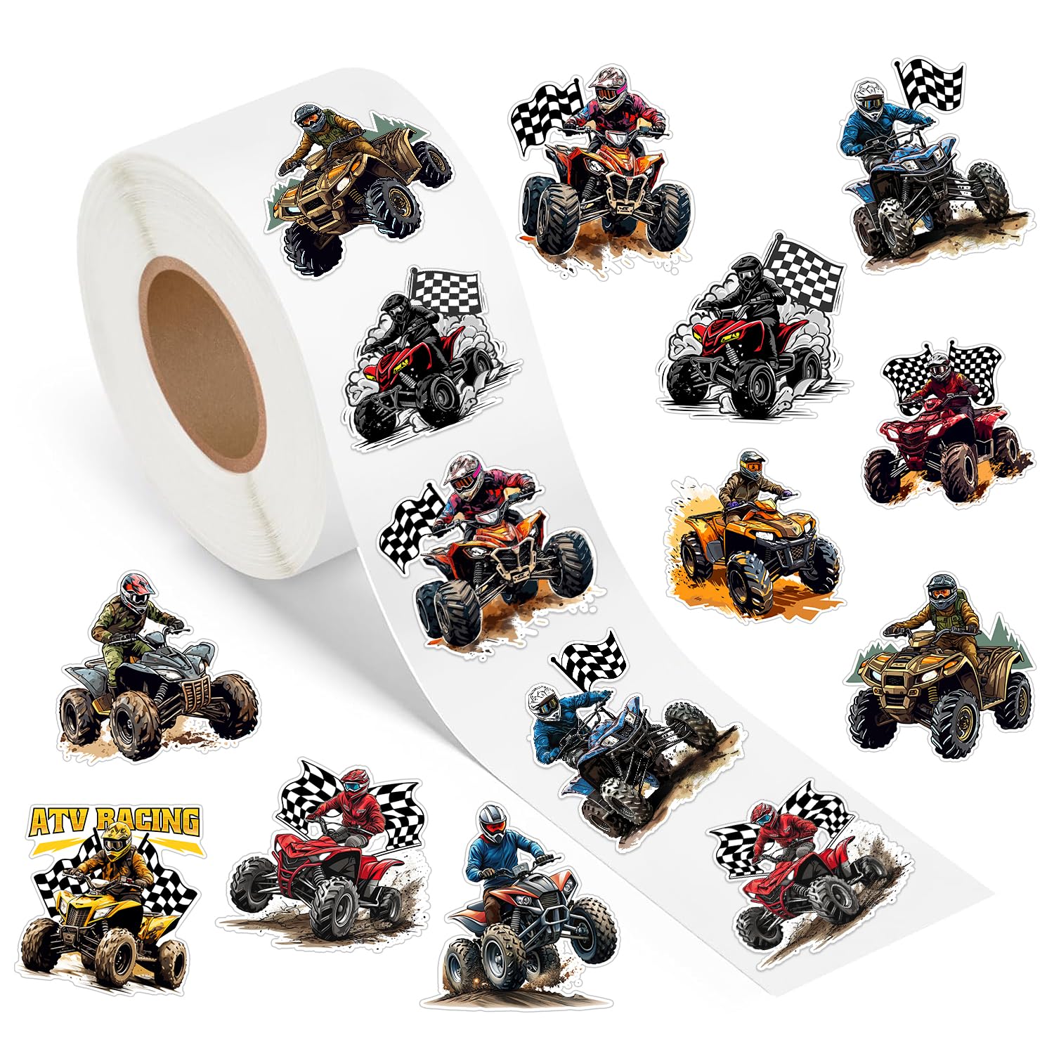 500PCS Four Wheeler ATV Quad Bike Stickers Roll, ATV Dirt Bike Favors Birthday Decorations Waterproof Stickers for Water Bottle Laptop Luggage Envelope