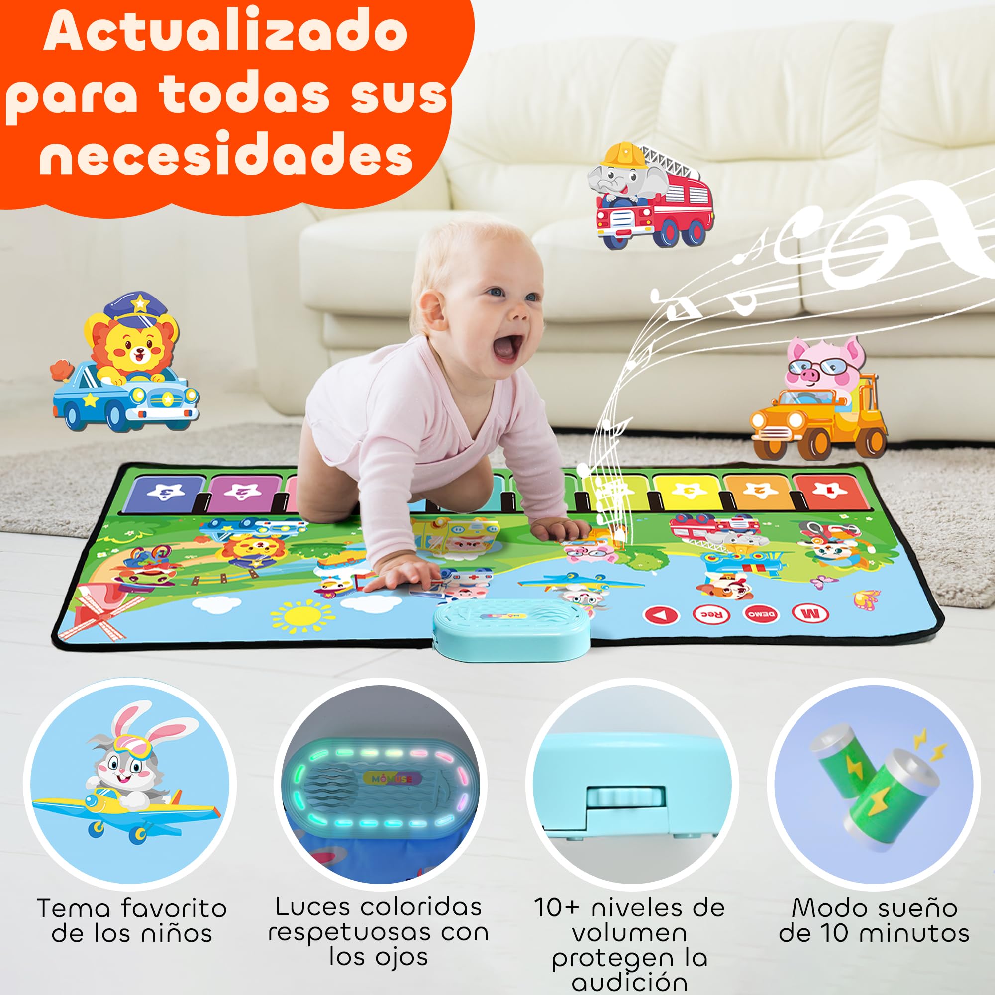 MOMUSE Alfombra Musical con 80 Sonidos, Alfombra de Piano con 10 Animales y 10 Coches, Juguetes Musicales Alfombra de Baile Regalos para Niños Niñas 1 2 3 Años