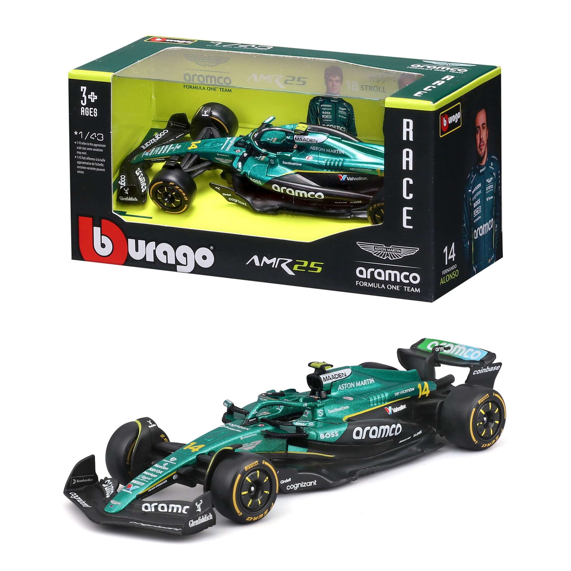 Bburago - F1 Aston Martin AMR25 Fórmula 1 2025#14 Alonso, Modelo de Coche diecast a Escala 1:43, réplica Oficial de Aston Martin, Detalles realistas, Edad Recomendada 3+ años
