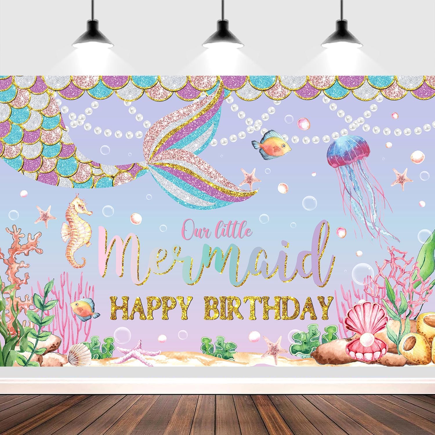 Happy Birthday Backdrop, Glitter Mermaid Tail, 180x120 cm (71x47 in) Pink Purple Photography Background, Mermaid Birthday Party Decoration Banner for Girls