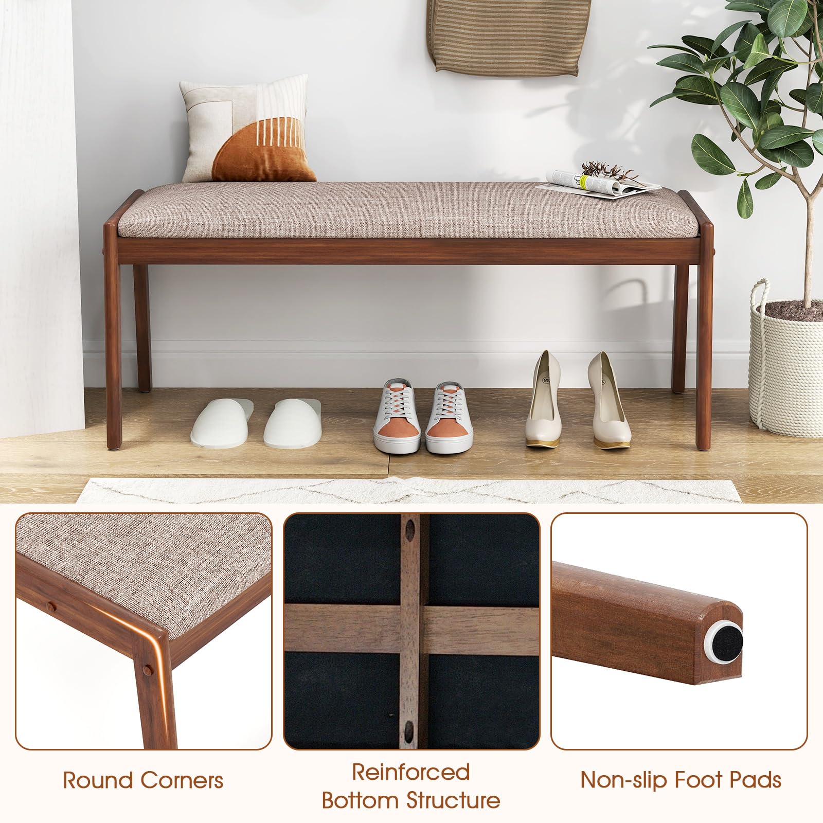 Giantex 45" Upholstered Entryway Bench with Rubber Wood Legs & Fabric Padded Seat, 400Lbs Capacity, Farmhouse Dining Bench for End of Bed, Hallway, Bedroom, Kitchen, Dining Room, Beige