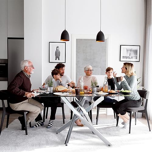 Knocbel Mesa de comedor rectangular contemporánea de vidrio templado con doble pedestal mesa de comedor de cocina acabado de alto brillo altura