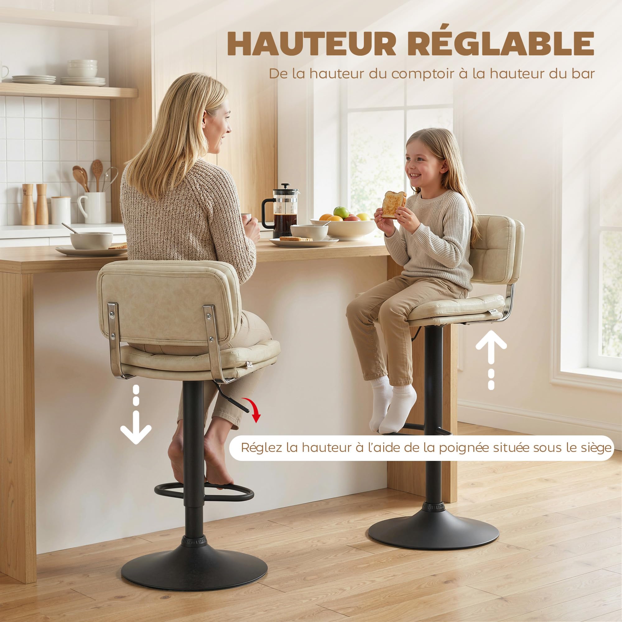 HOMCOM – Juego de 2 taburetes de bar vintage – giratorio, ajustable – Reposapiés – Revestimiento sintético crema efecto envejecido
