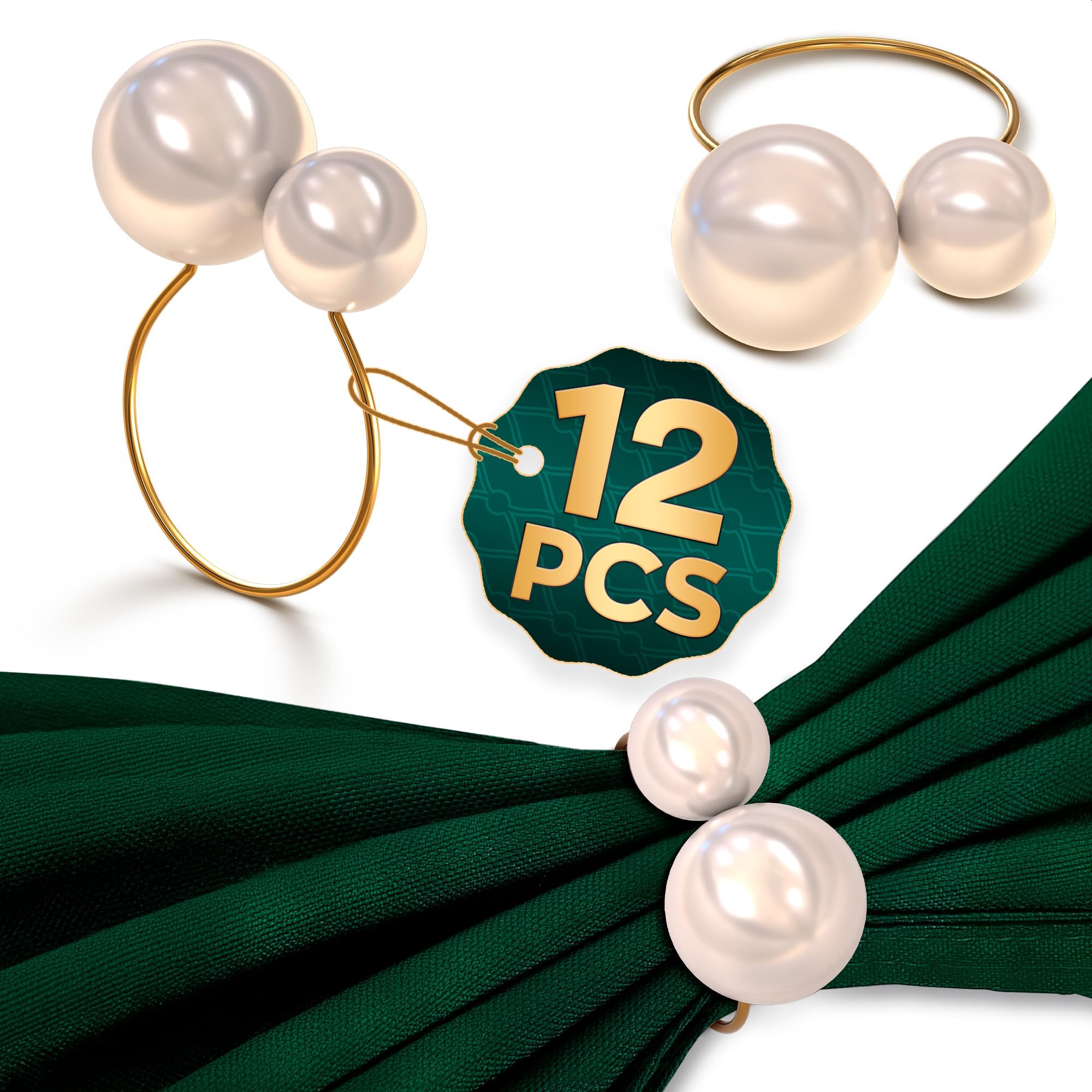 Pearl Napkin Rings Set of 12, Gold Metal Holders for Dining Tables
