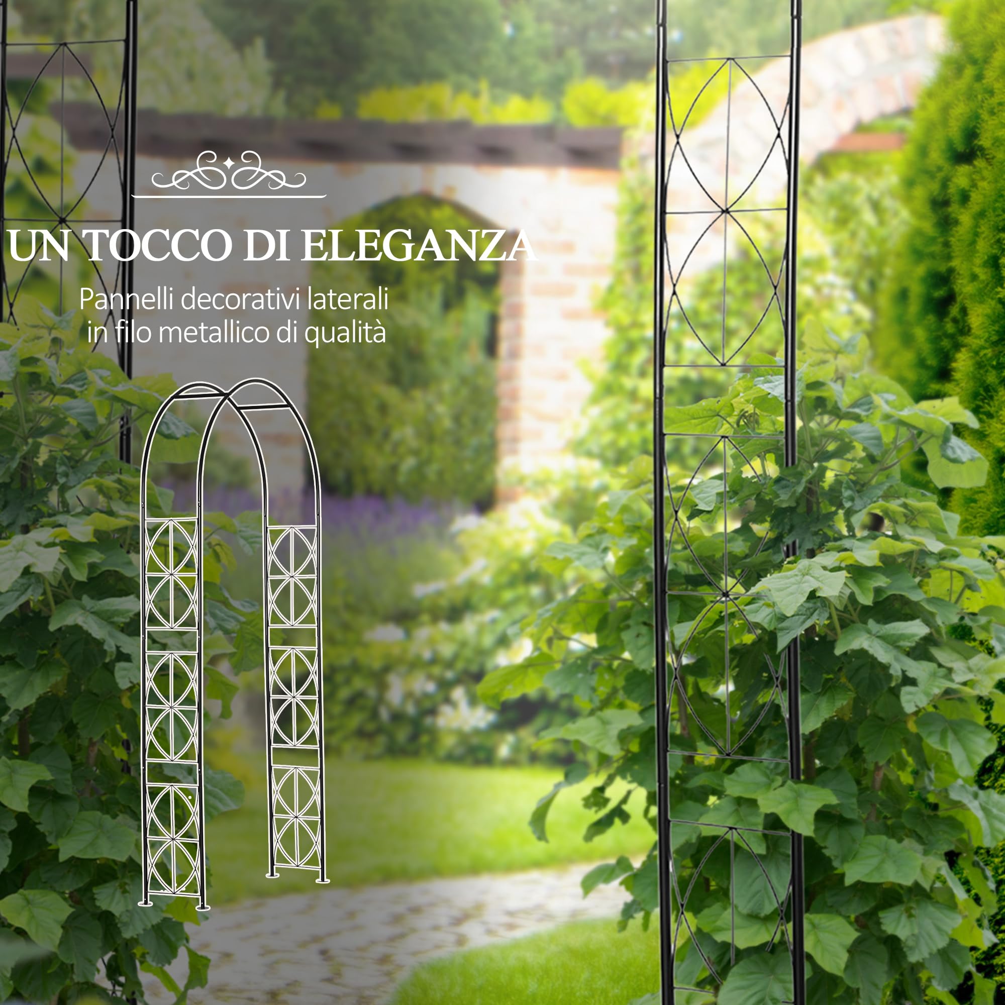Outsunny Arco per Rose e Rampicanti in Metallo, Arco da Giardino di Supporto per Piante e Decorazioni, 114x30x230cm, Nero