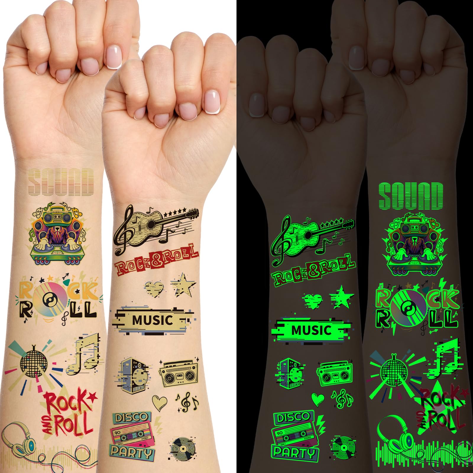 Qpout 18 Hojas Brilla En La Oscuridad Música Rock Band Star Tatuajes Temporales,Guitarra Luminosa Rock and Roll Tatuajes Falsos Pegatinas para los 90 Decoraciones Temáticas de la Fiesta