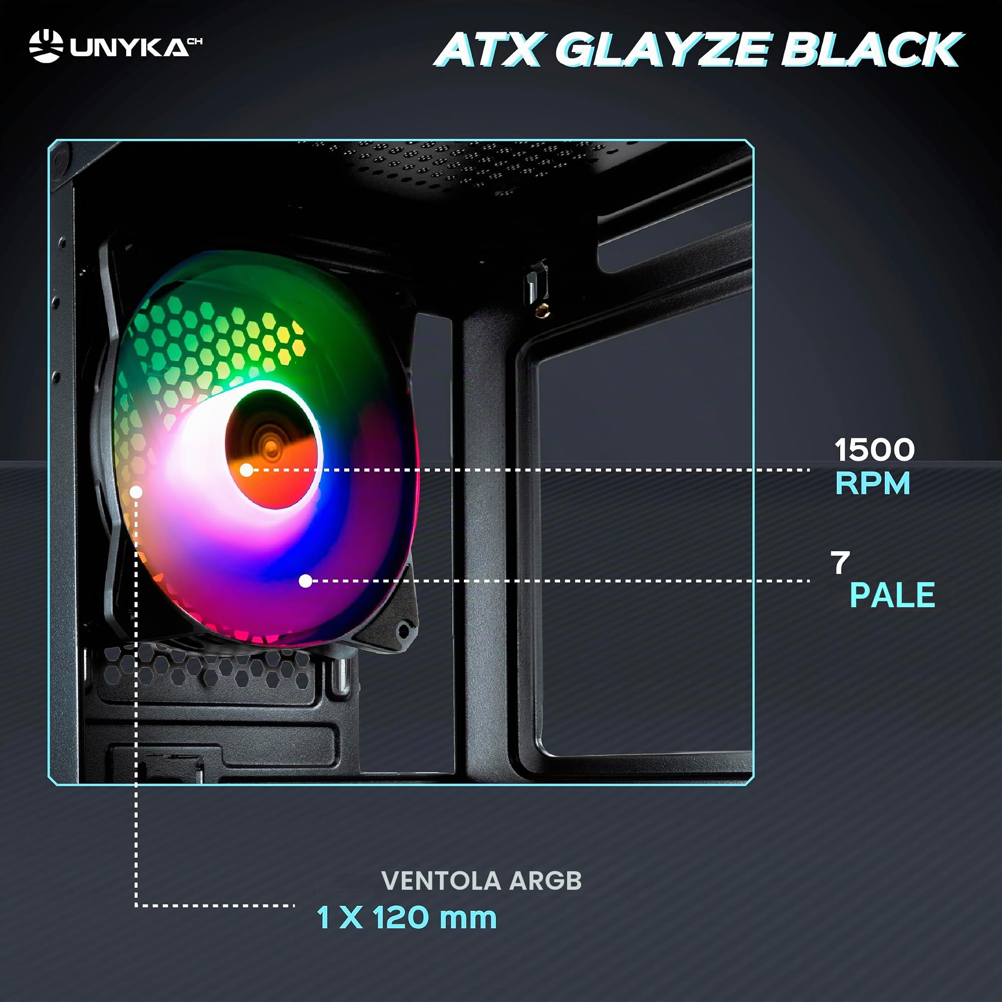 Unykach - Case Computer GamingATX Glayze Nero, frontale ARGB, pannello laterale in vetro temperato, 1 ventola RGB 120 mm, sistema di montaggio senza strumenti, 1 USB 3.0 e 2 USB 2.0