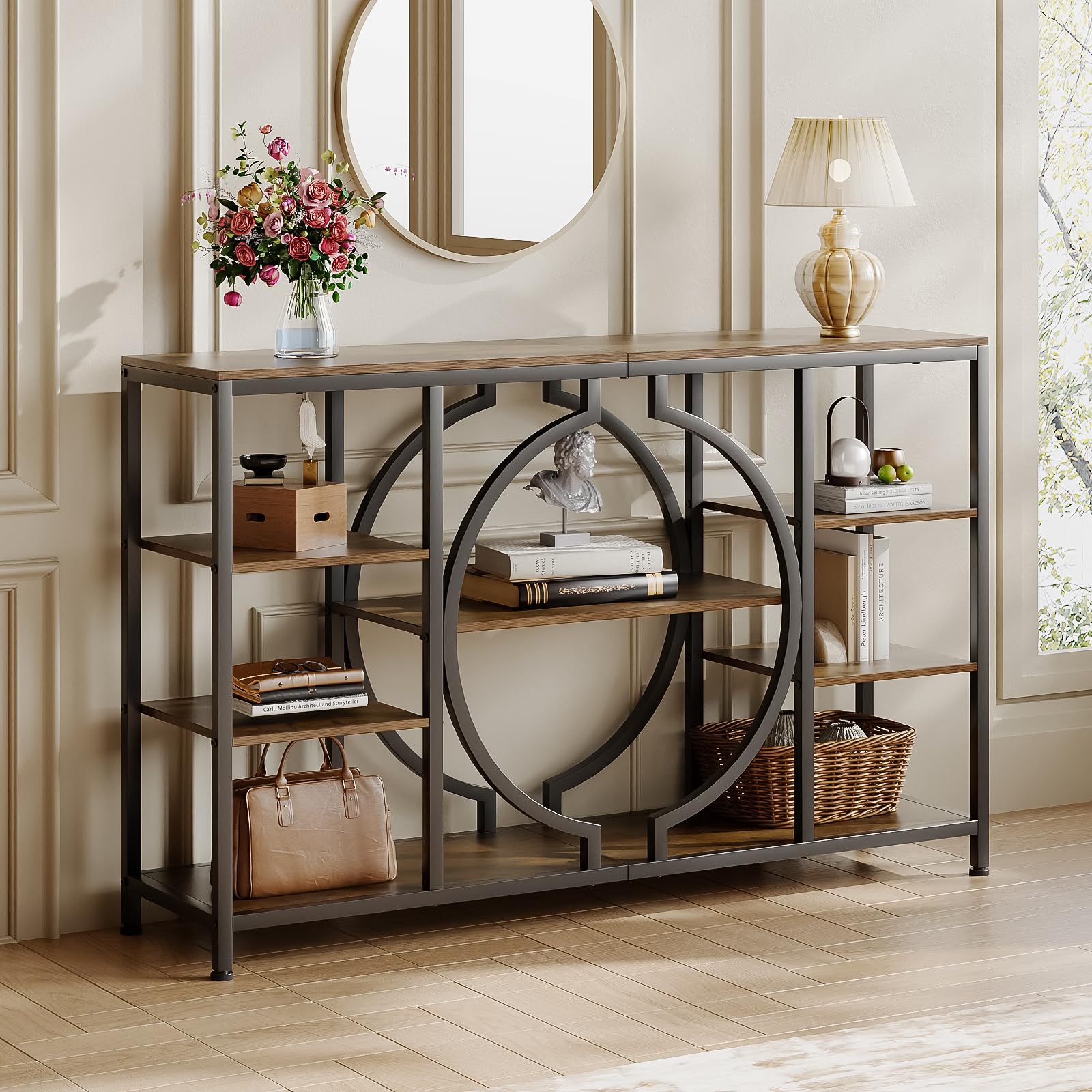 Tohomeor 120cm Industrial Console Tables for Entryway Rustic Sofa Table Behind Couch 4 Tier Wooden Shelves Entry Table with Storage for Foyer, Hallway, Front Door,Living Room (Rustic Brown)
