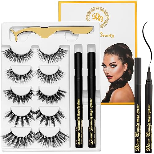 Kit de delineador de ojos y pestañas mágicas Nueva fórmula, sin pegamento no magnético 2 piezas de lápiz de ojos autoadhesivo y 5 pares de