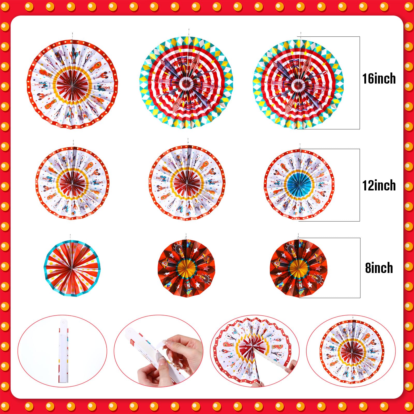 Outus 21 Pcs Carnival Party Decorations with Circus Hanging Paper Lanterns Fans Red Yellow Blue Paper Pom Poms Tissue Flowers for Carnival Circus Birthday Baby Shower Party Favors Supplies