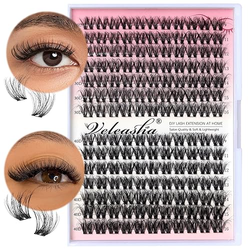 Veleasha Extensiones de pestañas en racimo de 154 pestañas individuales de 9 a 0.630 in, extensiones de pestañas rizadas D, extensiones de pestañas