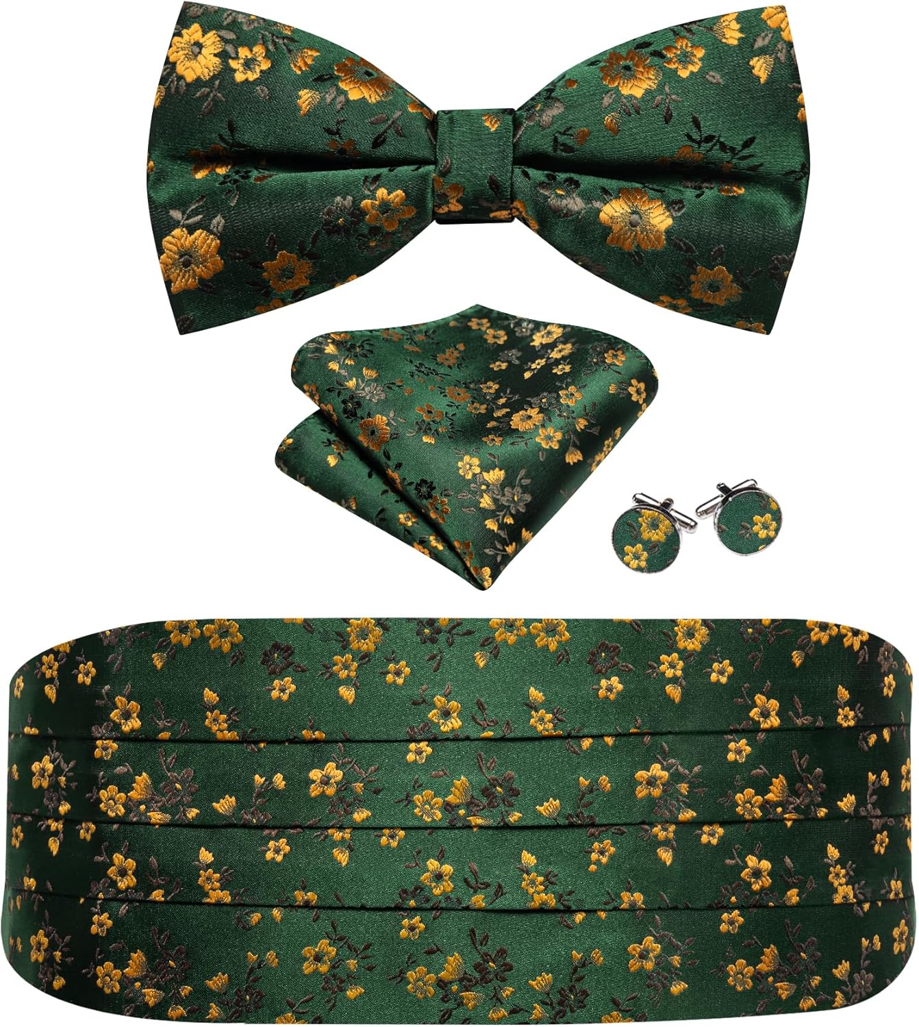 YOHOWA Men Cummerbund Bow Tie Set Silk Paisley Formal Pre-Tied Bowtie Pocket Square Cufflinks Wedding Party Prom