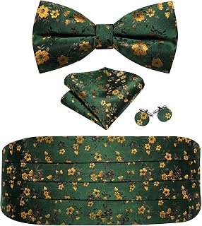 Barry.Wang Cummerbund Bow Tie Set for Men, Silk Cummerbund Pretied Bow Tie Pocket Square Cufflinks