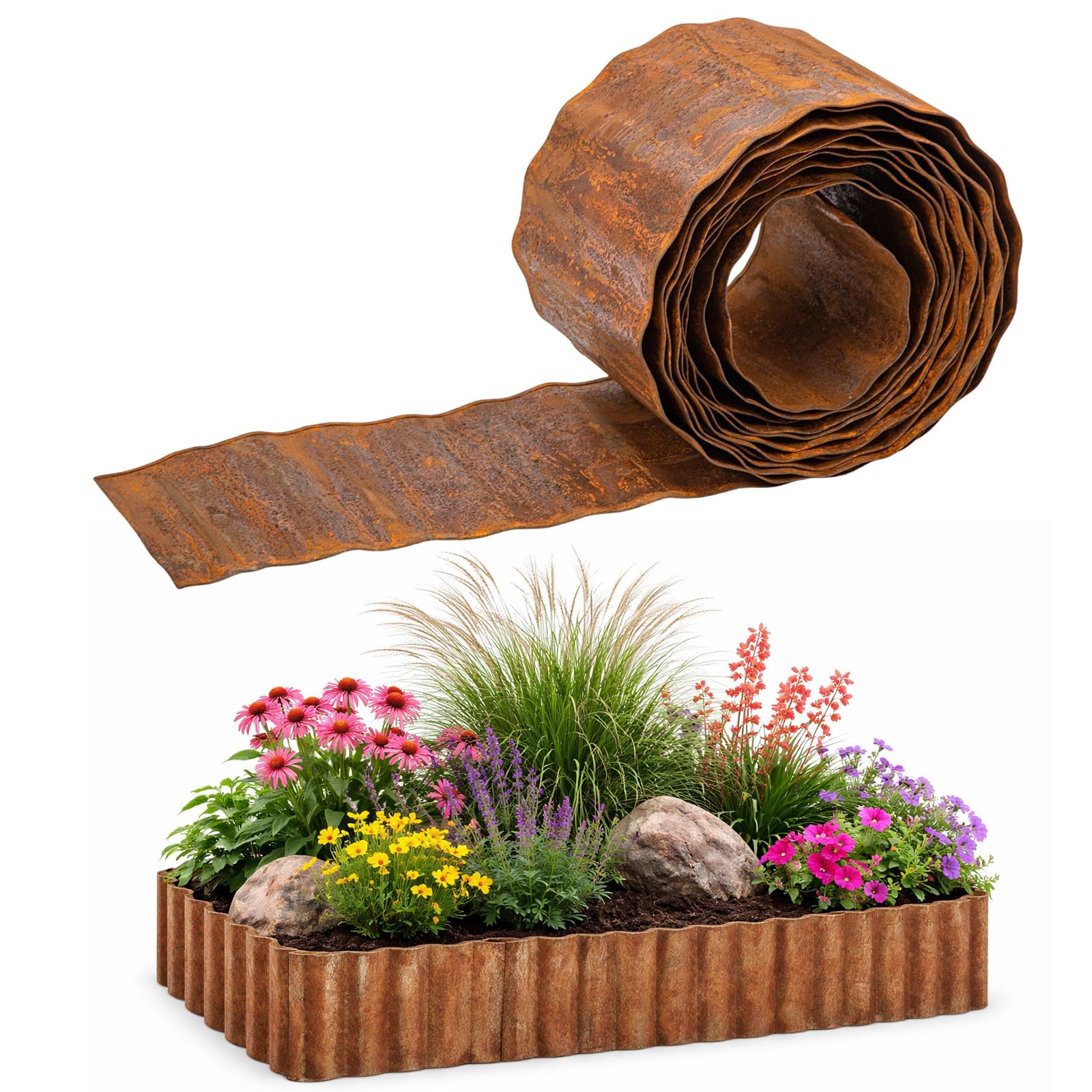 GREENSAPPIRE 20ft Metal Lawn Edging Borders, Corrugated Garden Edging Roll, Flexible Landscape Edging for Flower Beds, Vegetable Gardens, Tree Rings & DIY Yard Borders – Rusty Finish (15X60CM)