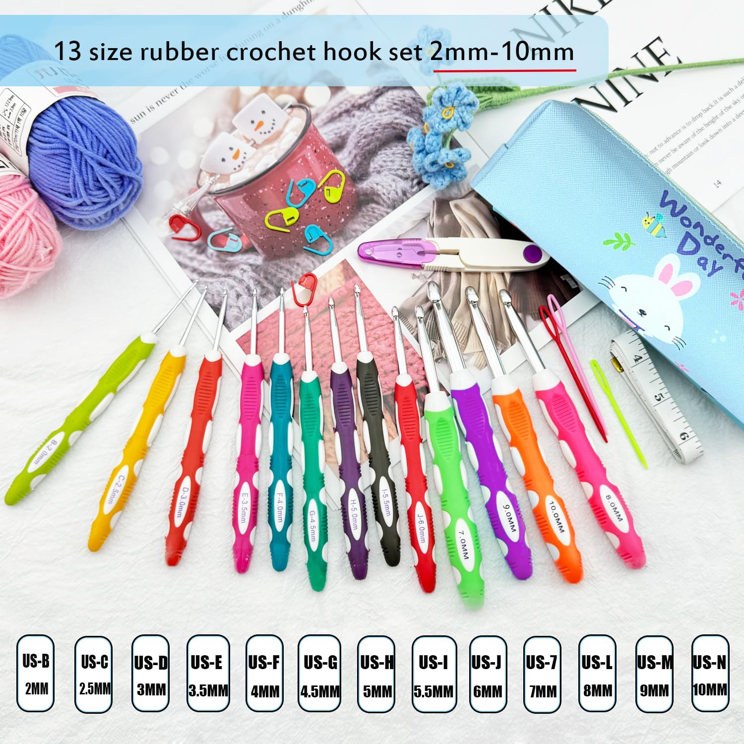 Juego de ganchos de ganchillo de 13 tamaños, juego de ganchos ergonómicos de ganchillo de 2 mm a 10 mm con funda, extralargos para manos ártricas, agujas de ganchillo de agarre suave para