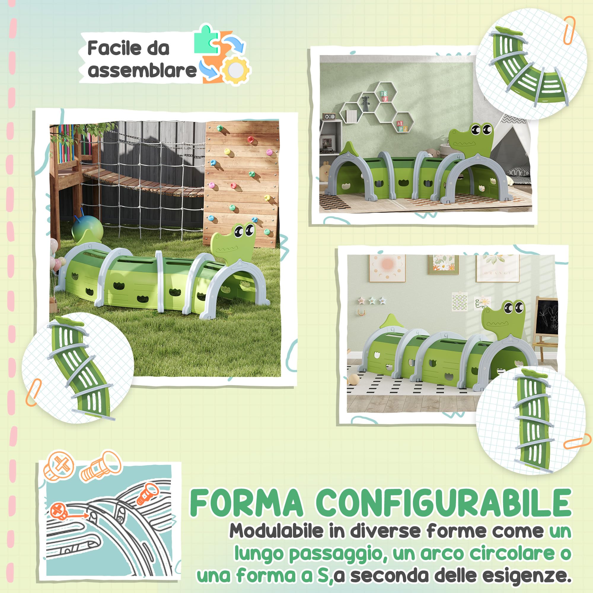 AIYAPLAY Tunnel da Gioco per Bambini 3-6 Anni a Forma di Coccodrillo, Tunnel Gioco da Interno ed Esterno in Plastica, Modulabile in Diverse Forme, Adatto per Asilo e Parco Gioco, Verde