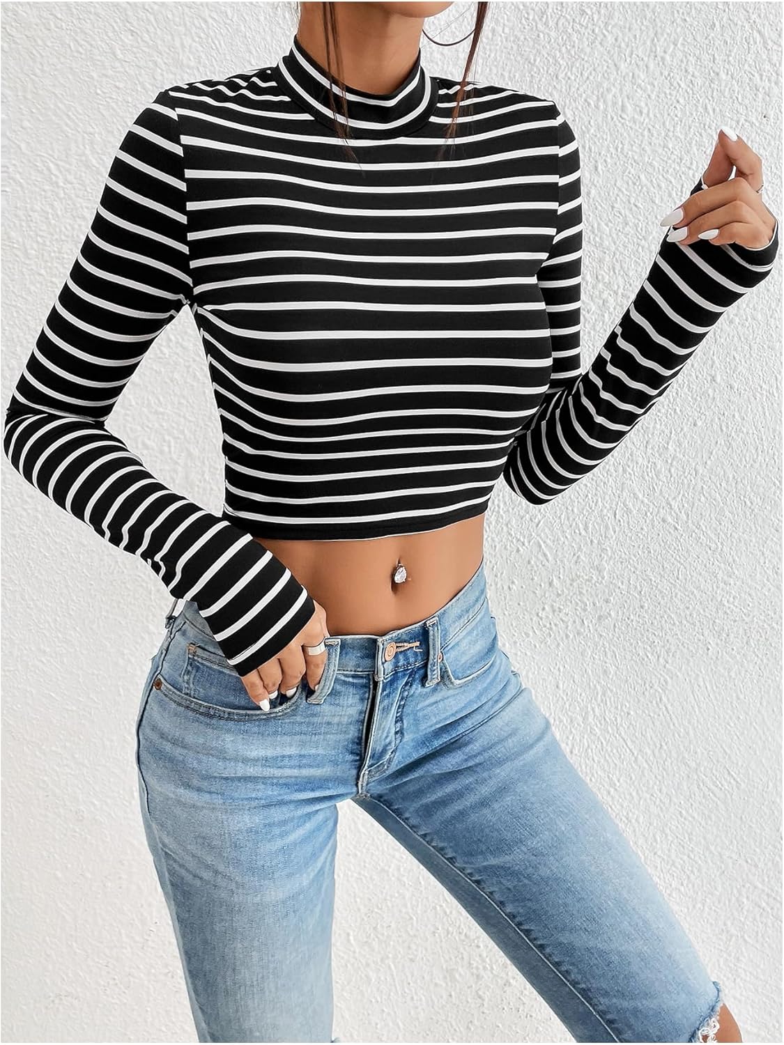 SOLY HUX Women's Striped Tee Crop Tops Mock Neck Long Sleeve T Shirt Slim Fit Tee - Image 3