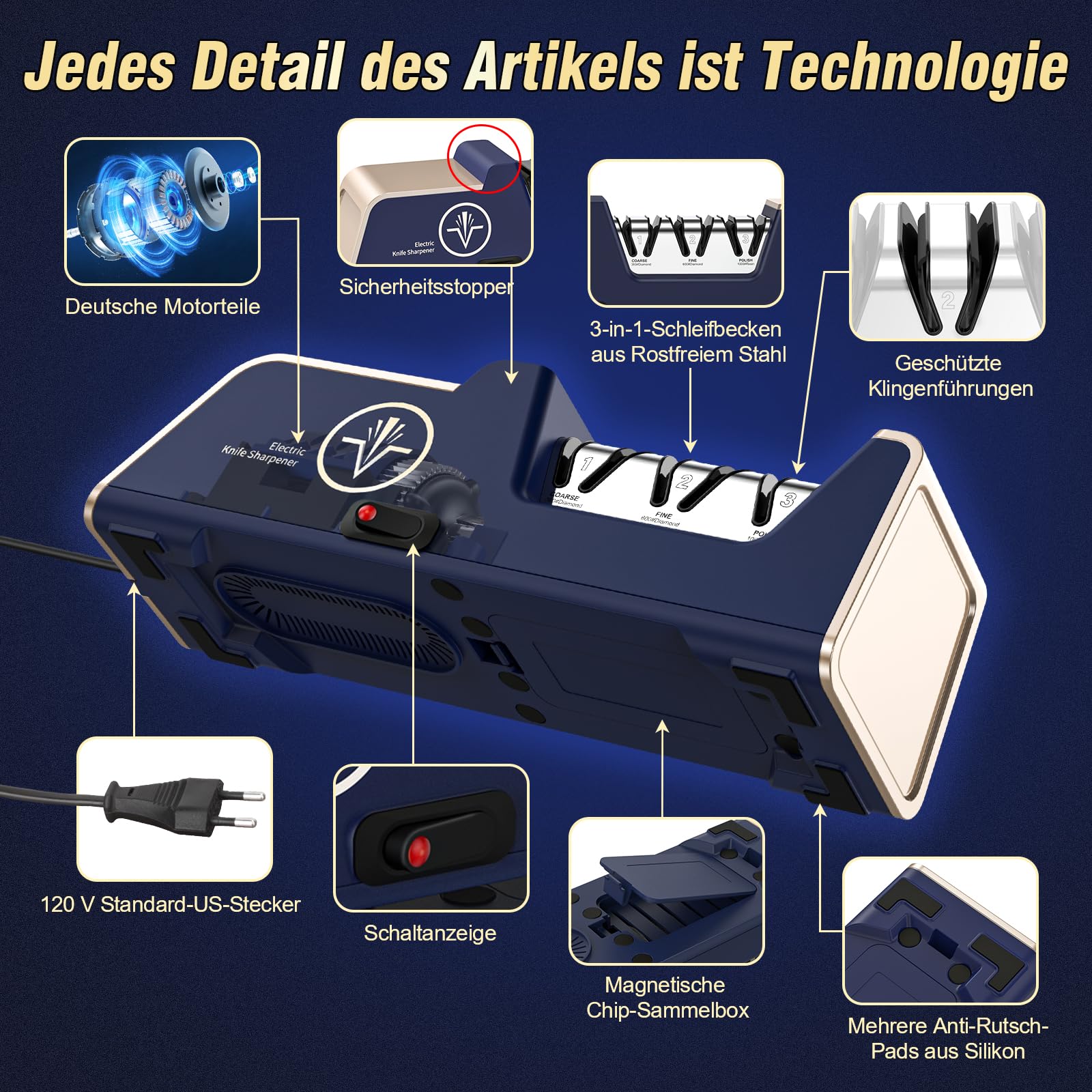 Professioneller elektrischer Messerschärfer mit Diamant-Schleifmitteln und Präzisions-Winkelführungen für Keramikmesser