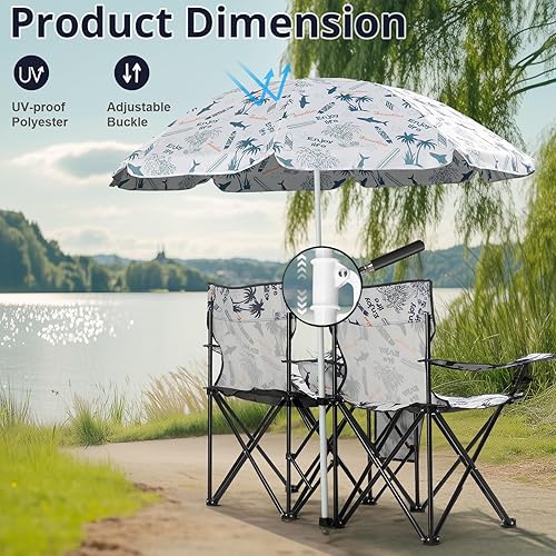 Miniatura 5 de Outvita Silla plegable doble para acampar con paraguas para bebidas, bolsa de transporte, mesa plegable, gran capacidad de carga para playa, patio,