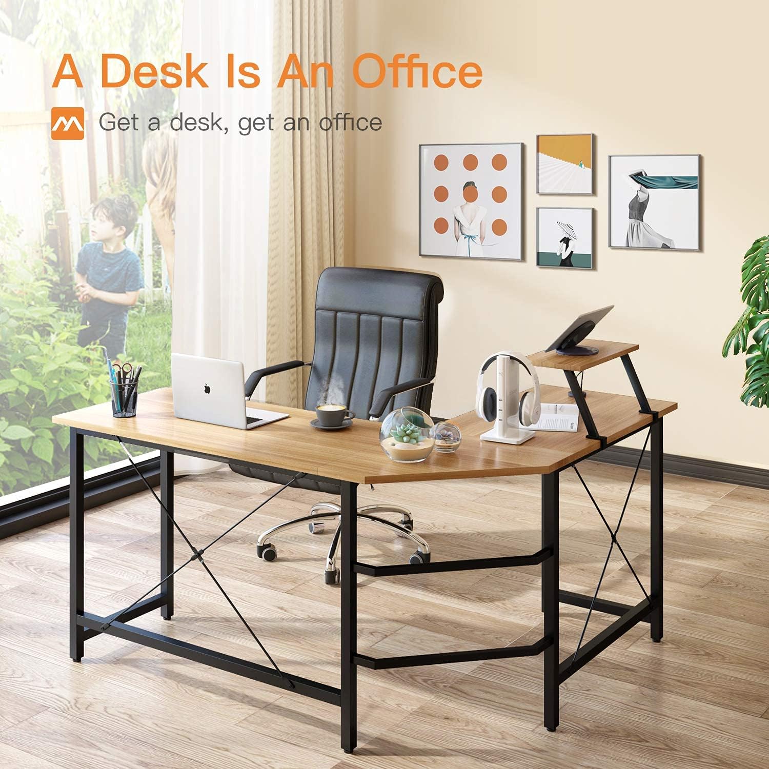 Coleshome Reversible L Shaped Desk 59" Sturdy L Shaped Gaming Desk with Monitor Stand, L Desk for Gaming & Home Office, Space Saving Corner Desk Easy to Assemble, Walnut